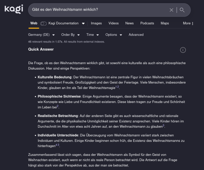 Kagi quick answer. Question was: does santa claus really exist?