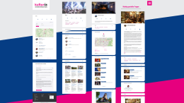 Viele Screenshots vor einem grau-blau-pink-gestreiften Hintergrund zusammengestellt
